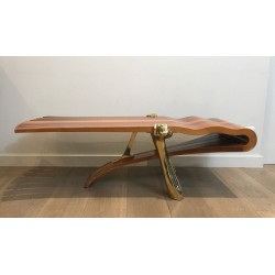 Unique Freeform Slatted Exotic Wood Coffee Table on Gilt Brass Sculptural Supports, circa 1970