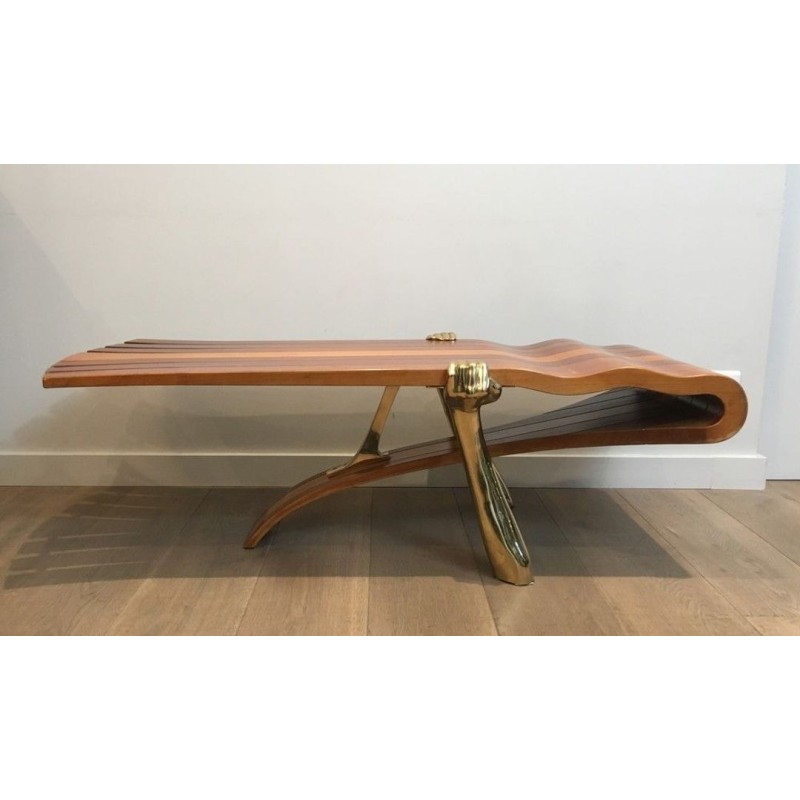 Unique Freeform Slatted Exotic Wood Coffee Table on Gilt Brass Sculptural Supports, circa 1970