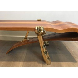 Unique Freeform Slatted Exotic Wood Coffee Table on Gilt Brass Sculptural Supports, circa 1970