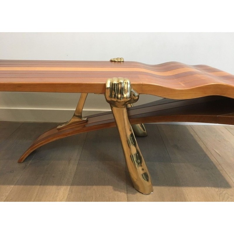 Unique Freeform Slatted Exotic Wood Coffee Table on Gilt Brass Sculptural Supports, circa 1970