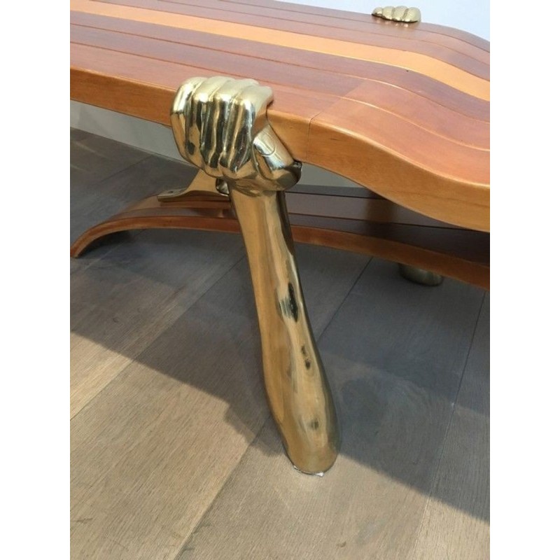Unique Freeform Slatted Exotic Wood Coffee Table on Gilt Brass Sculptural Supports, circa 1970