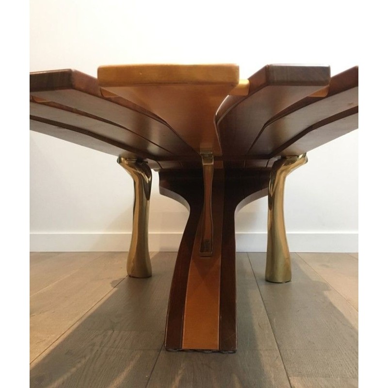 Unique Freeform Slatted Exotic Wood Coffee Table on Gilt Brass Sculptural Supports, circa 1970