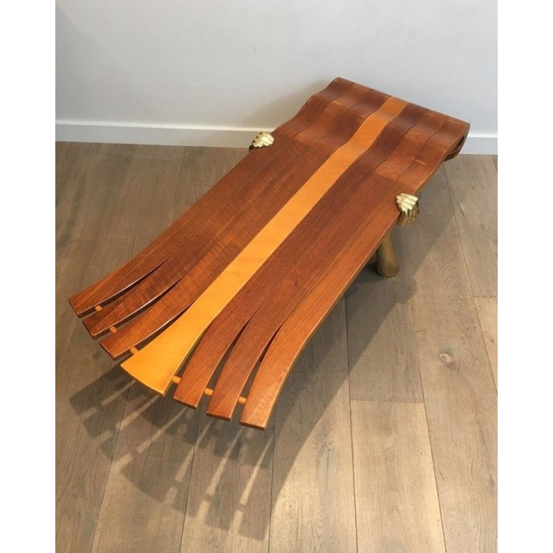 Unique Freeform Slatted Exotic Wood Coffee Table on Gilt Brass Sculptural Supports, circa 1970