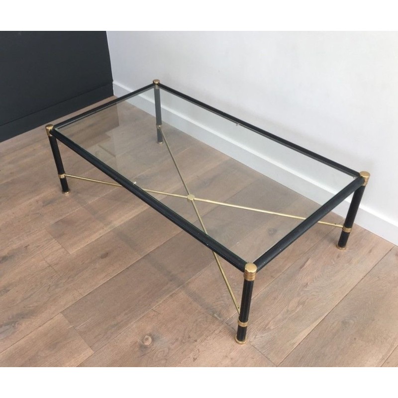 Rectangular Brass & Black Leather Coffee Table in the Style of Jacques Adnet, circa 1970