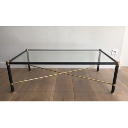 Rectangular Brass & Black Leather Coffee Table in the Style of Jacques Adnet, circa 1970