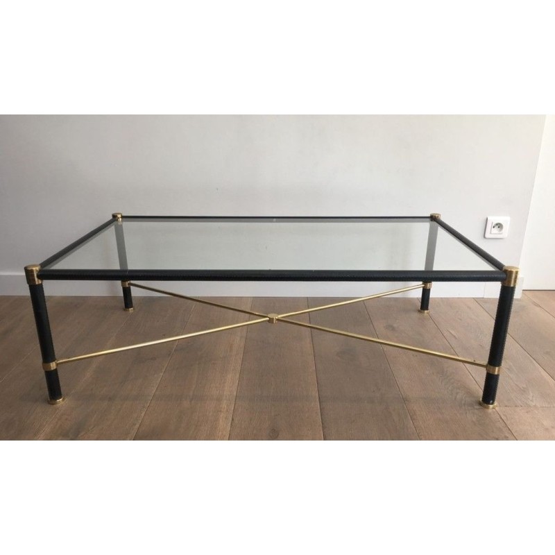 Rectangular Brass & Black Leather Coffee Table in the Style of Jacques Adnet, circa 1970