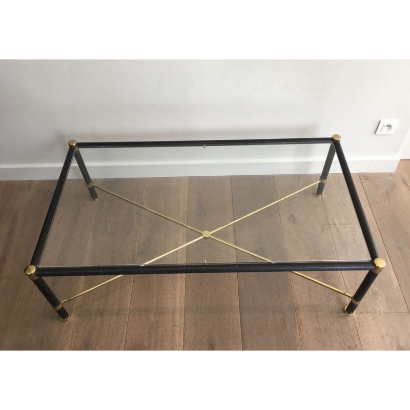 Rectangular Brass & Black Leather Coffee Table in the Style of Jacques Adnet, circa 1970