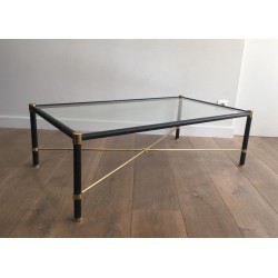 Rectangular Brass & Black Leather Coffee Table in the Style of Jacques Adnet, circa 1970
