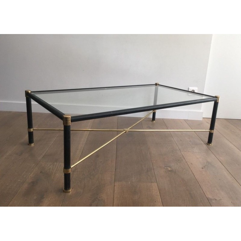 Rectangular Brass & Black Leather Coffee Table in the Style of Jacques Adnet, circa 1970