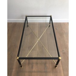 Rectangular Brass & Black Leather Coffee Table in the Style of Jacques Adnet, circa 1970