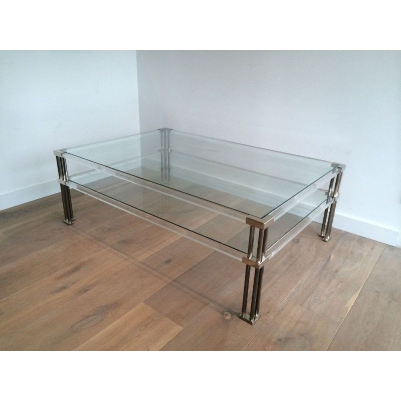 Large Modernist Two-Tier Chrome & Lucite Coffee Table, France circa 1970