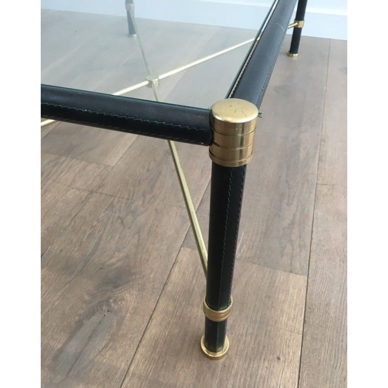 Rectangular Brass & Black Leather Coffee Table in the Style of Jacques Adnet, circa 1970