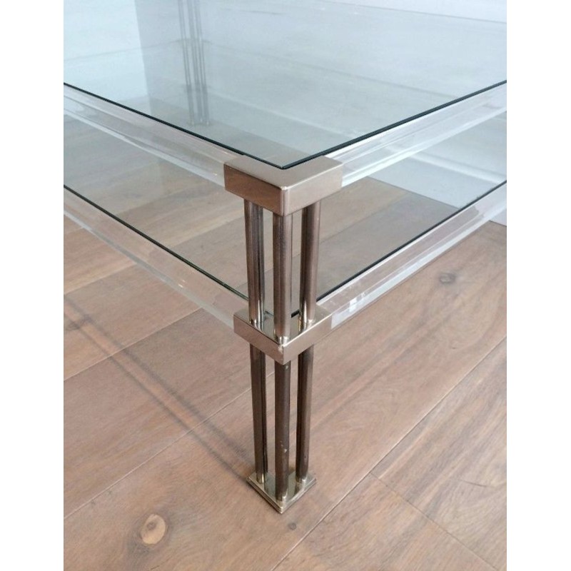 Large Modernist Two-Tier Chrome & Lucite Coffee Table, France circa 1970