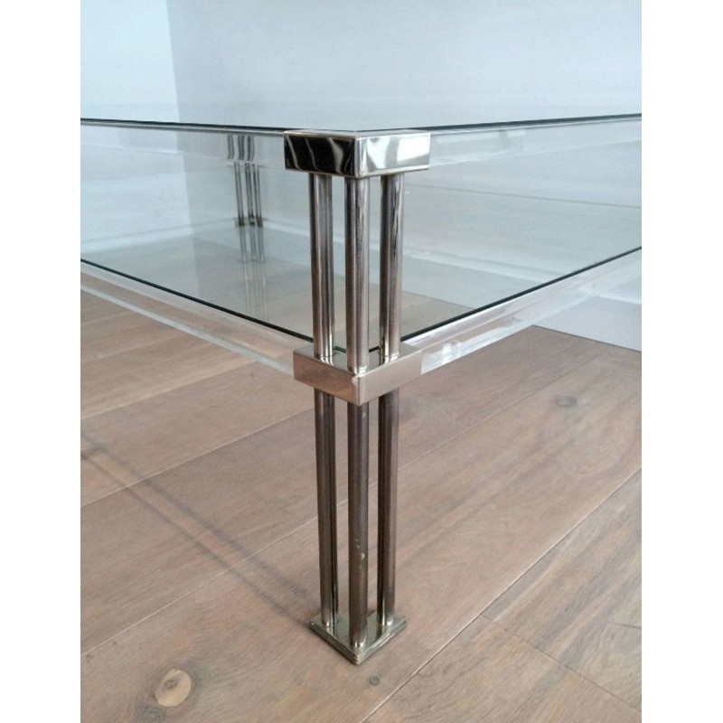 Large Modernist Two-Tier Chrome & Lucite Coffee Table, France circa 1970