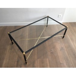 Rectangular Brass & Black Leather Coffee Table in the Style of Jacques Adnet, circa 1970