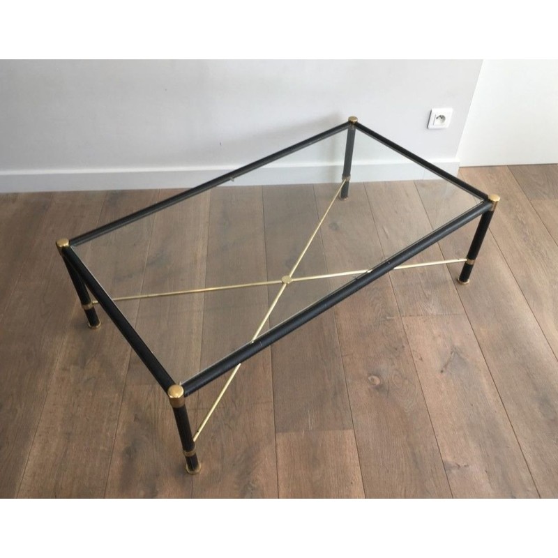 Rectangular Brass & Black Leather Coffee Table in the Style of Jacques Adnet, circa 1970
