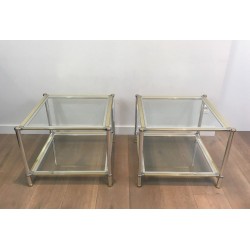 Pair of Chrome, Gilt & Silver Metal Two-Tier Side Tables, France circa 1970