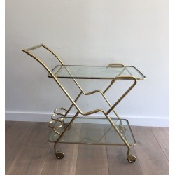 Italian Brass & Engraved Glass Two-Tier Drinks Trolley with Angled Top, circa 1950