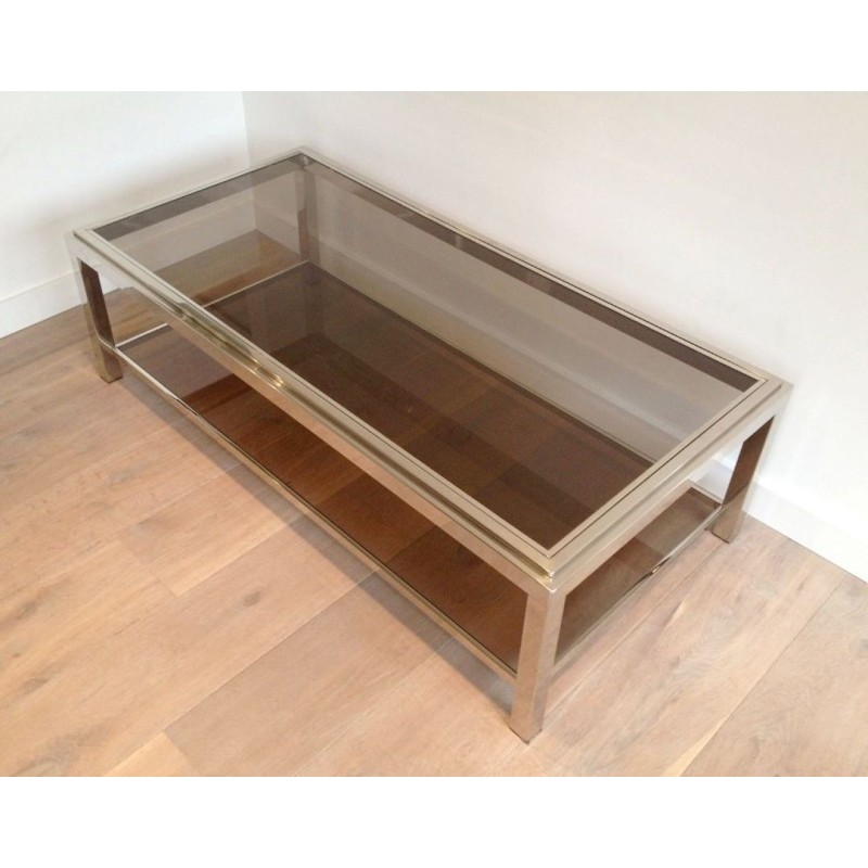 Large Chrome & Smoked Glass Coffee Table with Wide Studded Frame, circa 1970