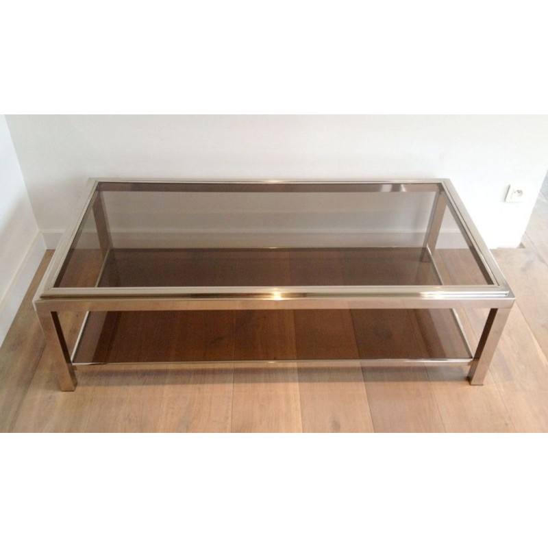 Large Chrome & Smoked Glass Coffee Table with Wide Studded Frame, circa 1970