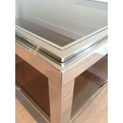 Large Chrome & Smoked Glass Coffee Table with Wide Studded Frame, circa 1970