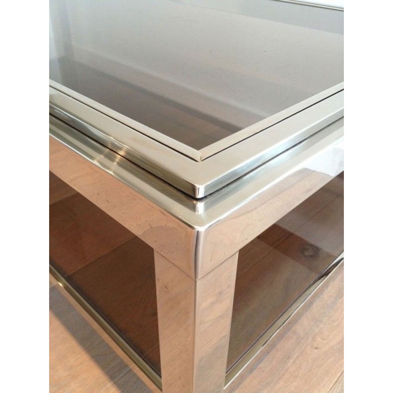 Large Chrome & Smoked Glass Coffee Table with Wide Studded Frame, circa 1970