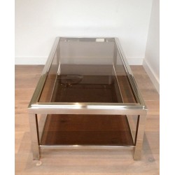 Large Chrome & Smoked Glass Coffee Table with Wide Studded Frame, circa 1970