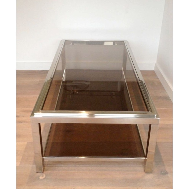 Large Chrome & Smoked Glass Coffee Table with Wide Studded Frame, circa 1970
