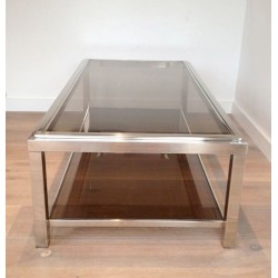 Large Chrome & Smoked Glass Coffee Table with Wide Studded Frame, circa 1970