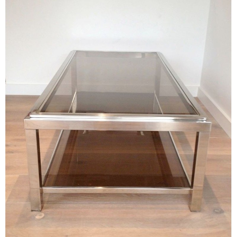 Large Chrome & Smoked Glass Coffee Table with Wide Studded Frame, circa 1970