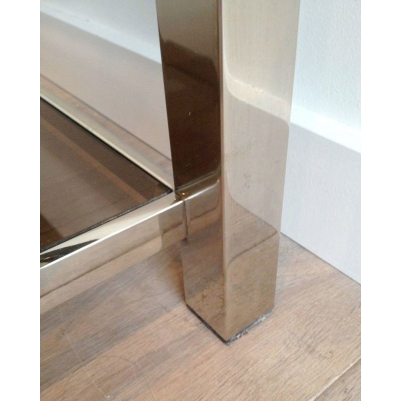 Large Chrome & Smoked Glass Coffee Table with Wide Studded Frame, circa 1970