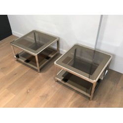 Pair of Octagonal Chrome & Bronze Glass Two-Tier Side Tables, France circa 1970