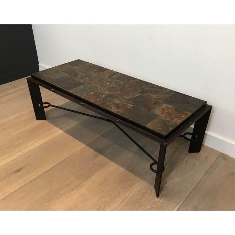 Rare Steel & Wrought Iron Coffee Table with Lava Stone Tiled Top, circa 1940