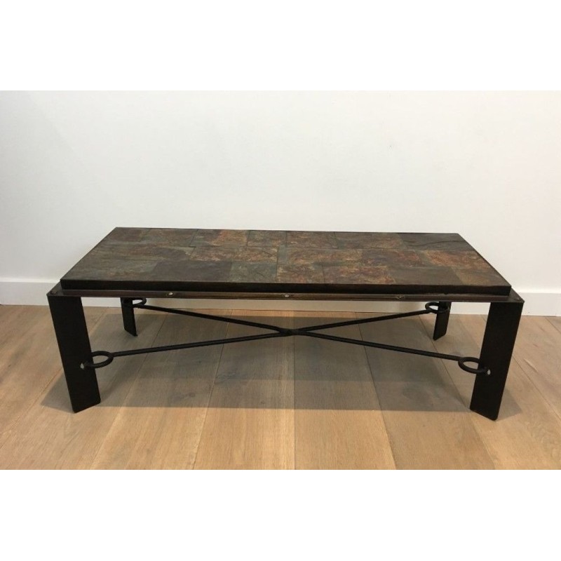 Rare Steel & Wrought Iron Coffee Table with Lava Stone Tiled Top, circa 1940
