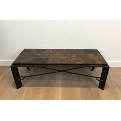 Rare Steel & Wrought Iron Coffee Table with Lava Stone Tiled Top, circa 1940