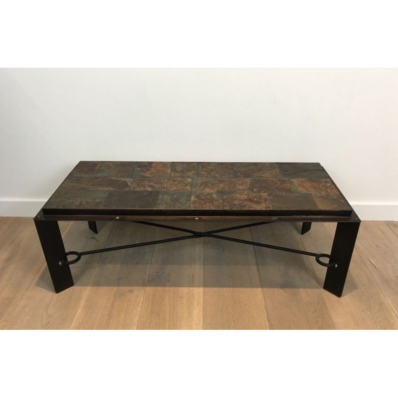 Rare Steel & Wrought Iron Coffee Table with Lava Stone Tiled Top, circa 1940