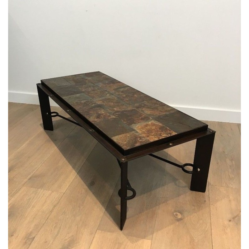 Rare Steel & Wrought Iron Coffee Table with Lava Stone Tiled Top, circa 1940