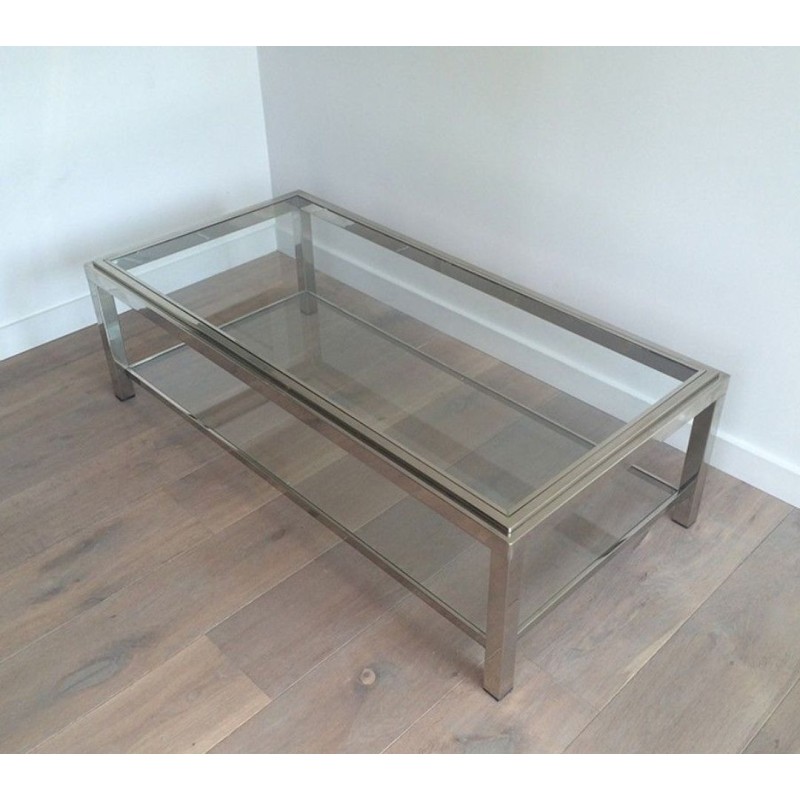 Large Two-Tier Chrome & Glass Coffee Table with Studded Detail, France circa 1970