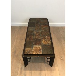 Rare Steel & Wrought Iron Coffee Table with Lava Stone Tiled Top, circa 1940