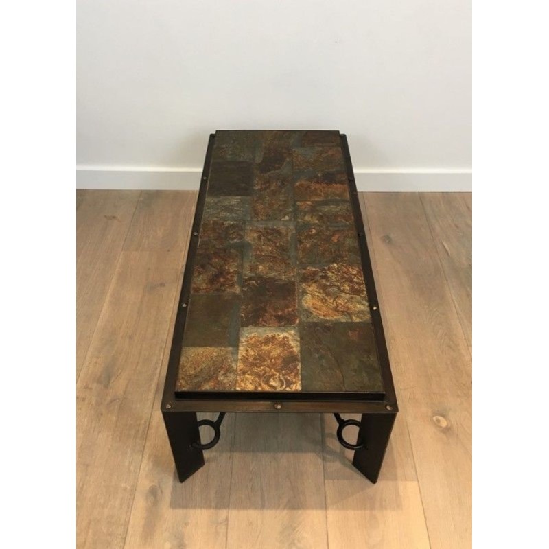 Rare Steel & Wrought Iron Coffee Table with Lava Stone Tiled Top, circa 1940
