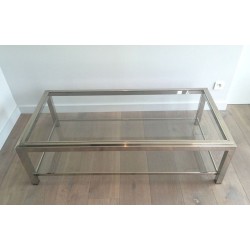 Large Two-Tier Chrome & Glass Coffee Table with Studded Detail, France circa 1970