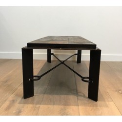 Rare Steel & Wrought Iron Coffee Table with Lava Stone Tiled Top, circa 1940