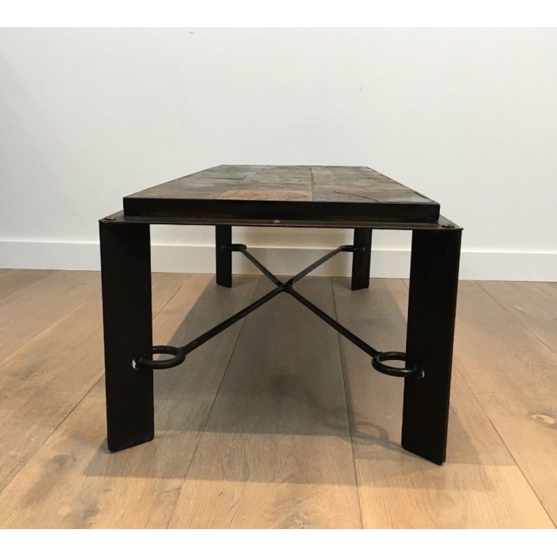 Rare Steel & Wrought Iron Coffee Table with Lava Stone Tiled Top, circa 1940