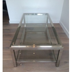 Large Two-Tier Chrome & Glass Coffee Table with Studded Detail, France circa 1970