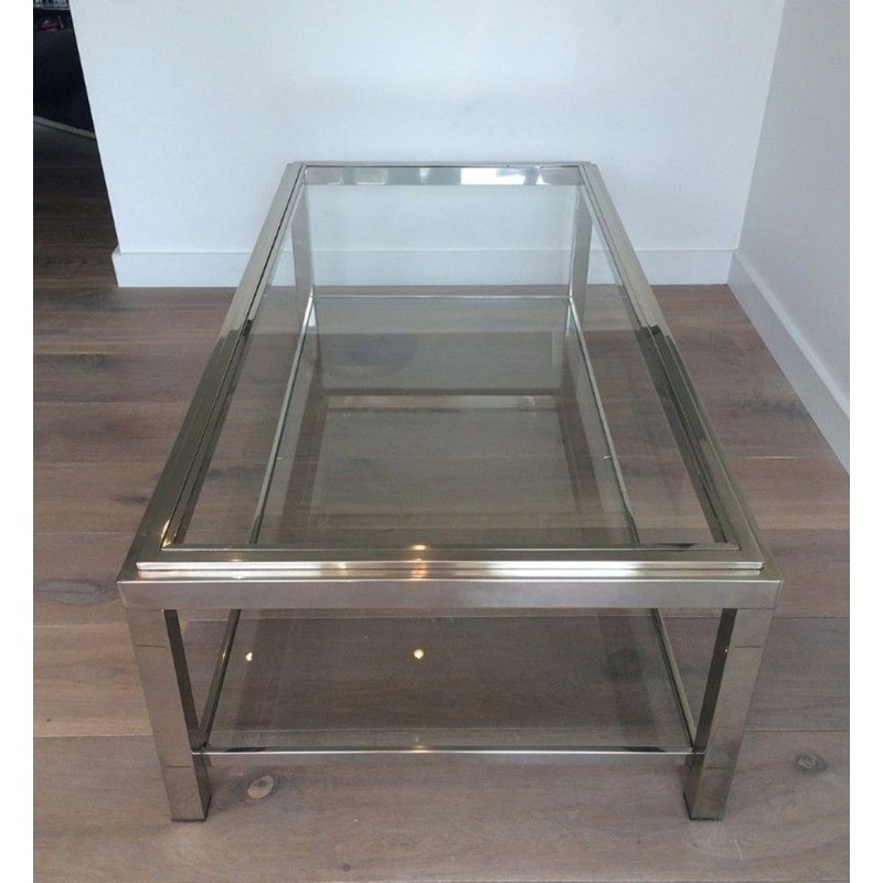 Large Two-Tier Chrome & Glass Coffee Table with Studded Detail, France circa 1970