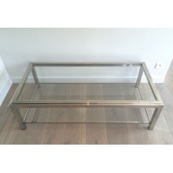 Large Two-Tier Chrome & Glass Coffee Table with Studded Detail, France circa 1970