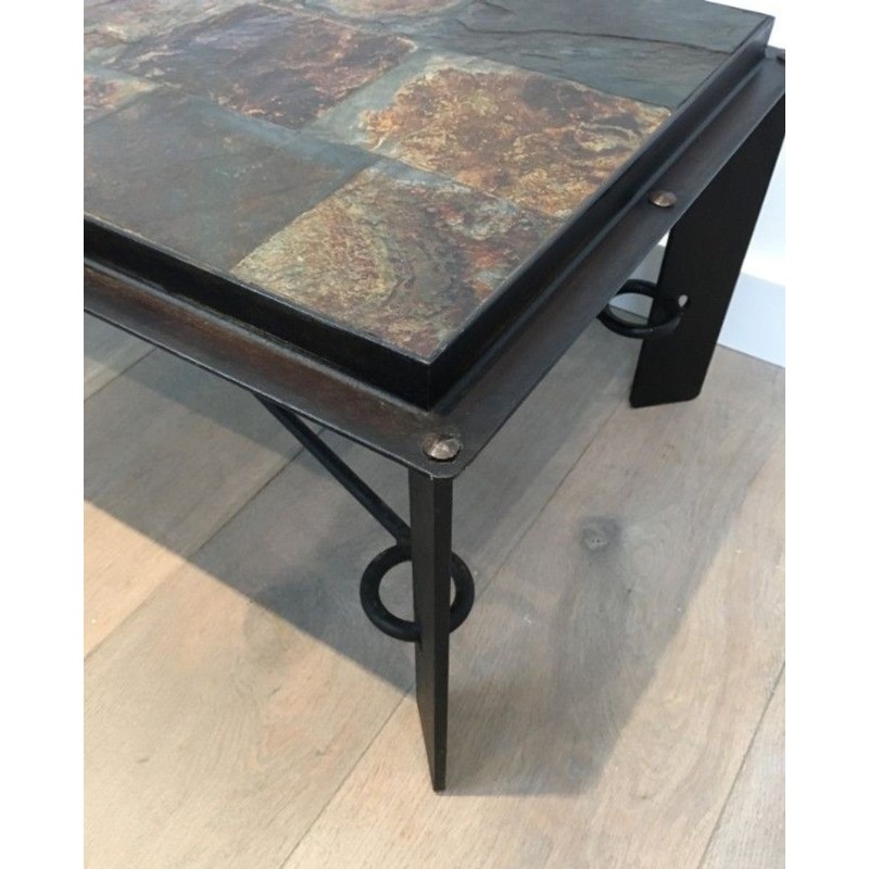 Rare Steel & Wrought Iron Coffee Table with Lava Stone Tiled Top, circa 1940