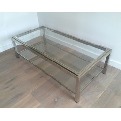 Large Two-Tier Chrome & Glass Coffee Table with Studded Detail, France circa 1970
