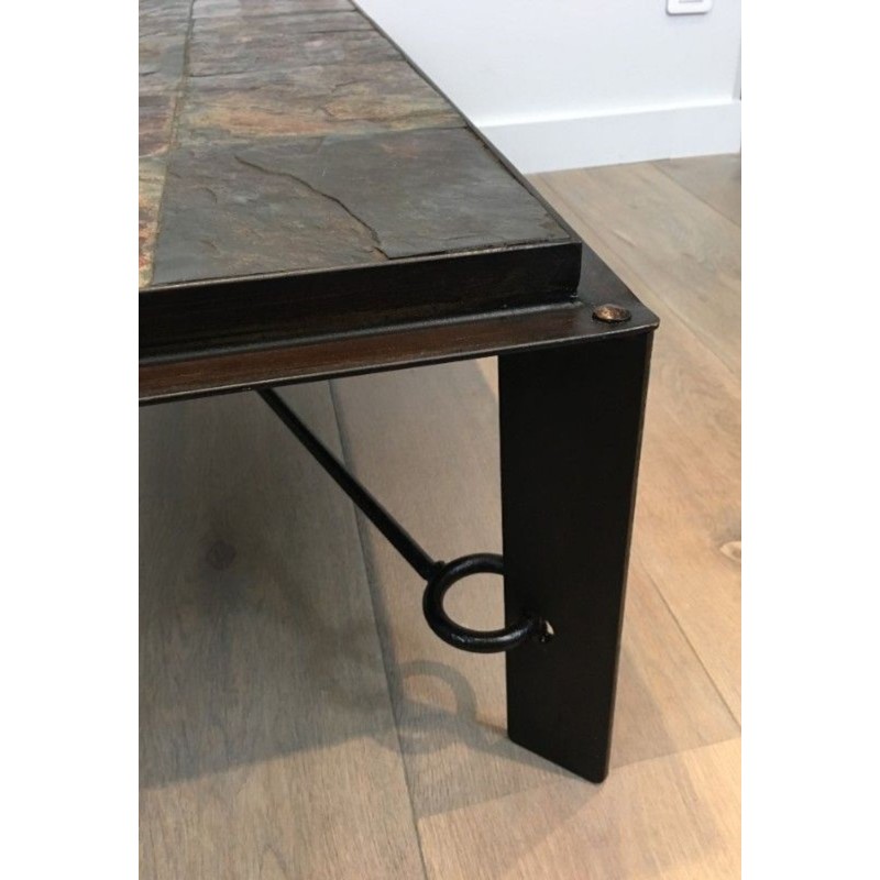 Rare Steel & Wrought Iron Coffee Table with Lava Stone Tiled Top, circa 1940