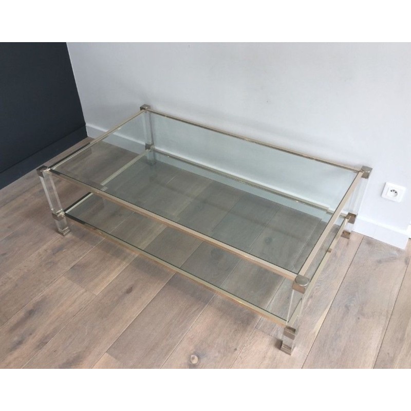 Large Two-Tier Lucite & Chrome Coffee Table, France circa 1970